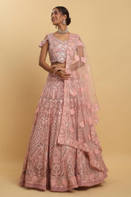 Aham-Vayam Pink Net Embroidered Mirror Leaf Neck Snehashish Blouse Bridal Lehenga Set 