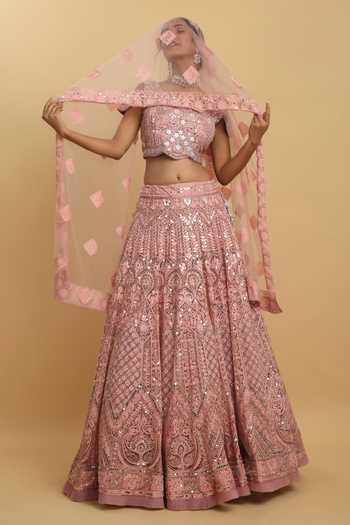 Shop_Aham-Vayam_Pink Cotton, Georgette, Net, Organza Snehashish Blouse Bridal Lehenga Set _Online_at_Aza_Fashions