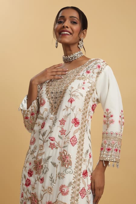 Shop_Aham-Vayam_White Georgette, Silk Embroidery Round Neck Floral Kurta Pant Set _Online_at_Aza_Fashions