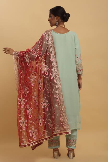 Shop Aham-Vayam Green Georgette, Silk Embroidery, Sequins Round Neck Floral Kurta Set at Aza Fashions Shop_Aham-Vayam_Green Georgette, Silk Embroidery, Sequins Round Neck Floral Kurta Set_at_Aza_Fashions