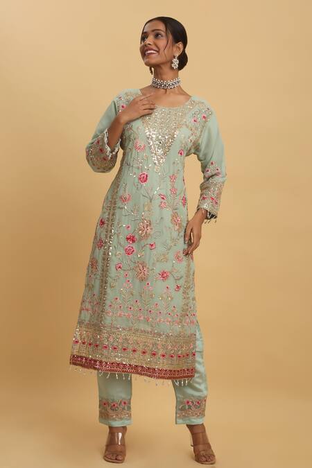 Aham-Vayam_Green Georgette, Silk Embroidery, Sequins Round Neck Floral Kurta Set_Online_at_Aza_Fashions