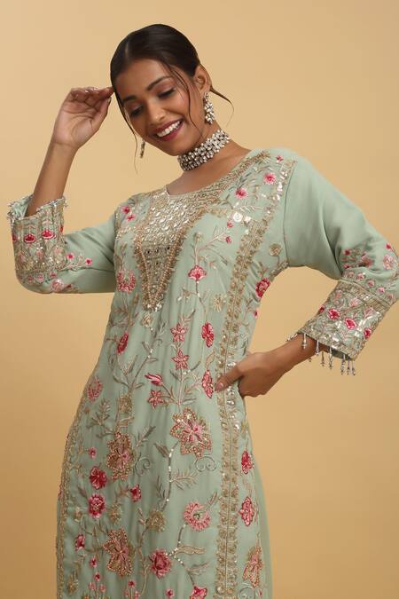 Buy Aham-Vayam Green Georgette, Silk Embroidery, Sequins Round Neck Floral Kurta Set Online at Aza Fashions Buy_Aham-Vayam_Green Georgette, Silk Embroidery, Sequins Round Neck Floral Kurta Set_Online_at_Aza_Fashions