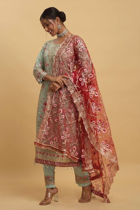 Shop Aham-Vayam Green Georgette, Silk Embroidery, Sequins Round Neck Floral Kurta Set Online at Aza Fashions Shop_Aham-Vayam_Green Georgette, Silk Embroidery, Sequins Round Neck Floral Kurta Set_Online_at_Aza_Fashions