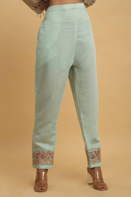 Aham-Vayam Green Georgette, Silk Embroidery, Sequins Round Neck Floral Kurta Set at Aza Fashions Aham-Vayam_Green Georgette, Silk Embroidery, Sequins Round Neck Floral Kurta Set_at_Aza_Fashions