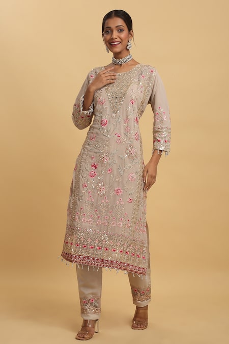 Aham-Vayam_Beige Georgette, Silk Embroidery Round Neck Floral Work Kurta Pant Set _Online_at_Aza_Fashions