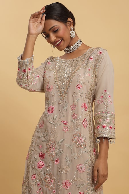 Buy_Aham-Vayam_Beige Georgette, Silk Embroidery Round Neck Floral Work Kurta Pant Set _Online_at_Aza_Fashions