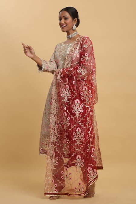 Shop_Aham-Vayam_Beige Georgette, Silk Embroidery Round Neck Floral Work Kurta Pant Set _Online_at_Aza_Fashions