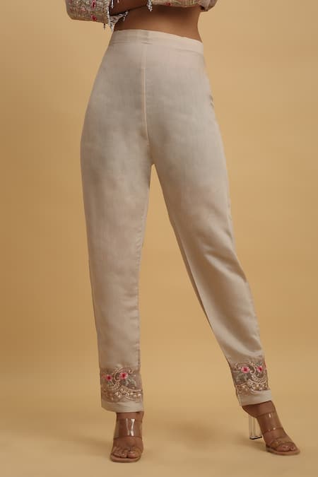 Aham-Vayam_Beige Georgette, Silk Embroidery Round Neck Floral Work Kurta Pant Set _at_Aza_Fashions