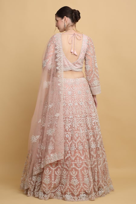 Shop_Aham-Vayam_Pink Cotton, Organza Embroidery, Mirrors Asymmetric Suhana Bridal Lehenga Set _at_Aza_Fashions