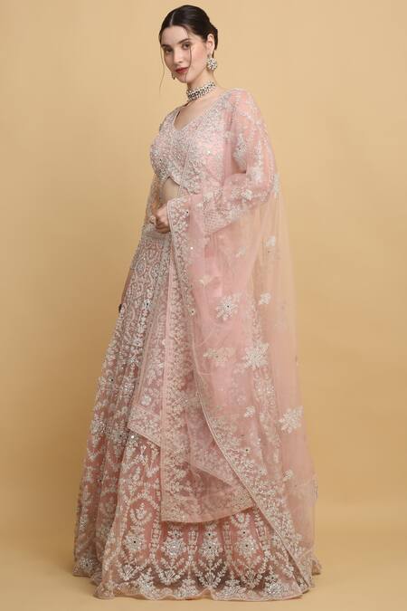 Aham-Vayam_Pink Cotton, Organza Embroidery, Mirrors Asymmetric Suhana Bridal Lehenga Set _Online_at_Aza_Fashions