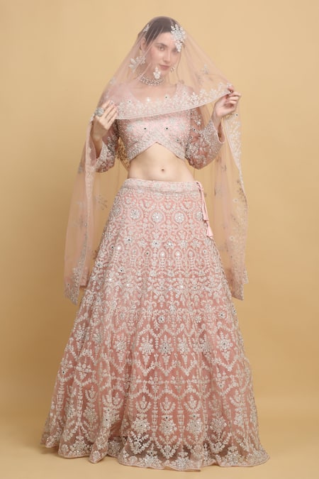 Buy_Aham-Vayam_Pink Cotton, Organza Embroidery, Mirrors Asymmetric Suhana Bridal Lehenga Set _Online_at_Aza_Fashions