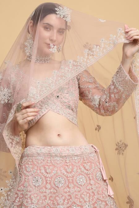 Shop_Aham-Vayam_Pink Cotton, Organza Embroidery, Mirrors Asymmetric Suhana Bridal Lehenga Set _Online_at_Aza_Fashions