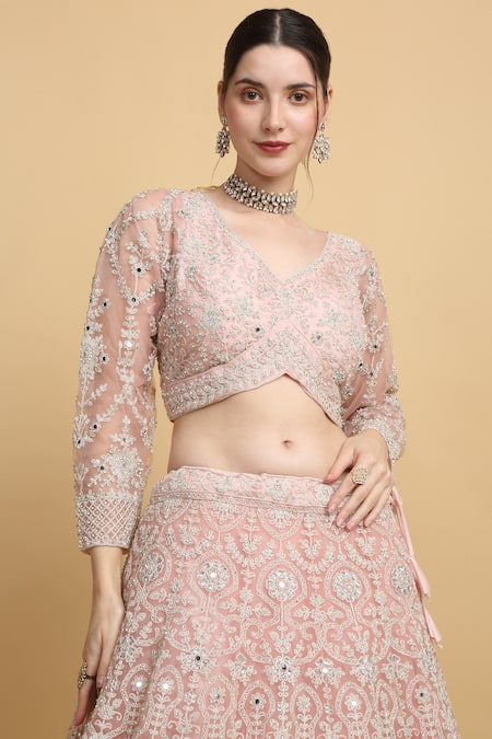 Aham-Vayam_Pink Cotton, Organza Embroidery, Mirrors Asymmetric Suhana Bridal Lehenga Set _at_Aza_Fashions
