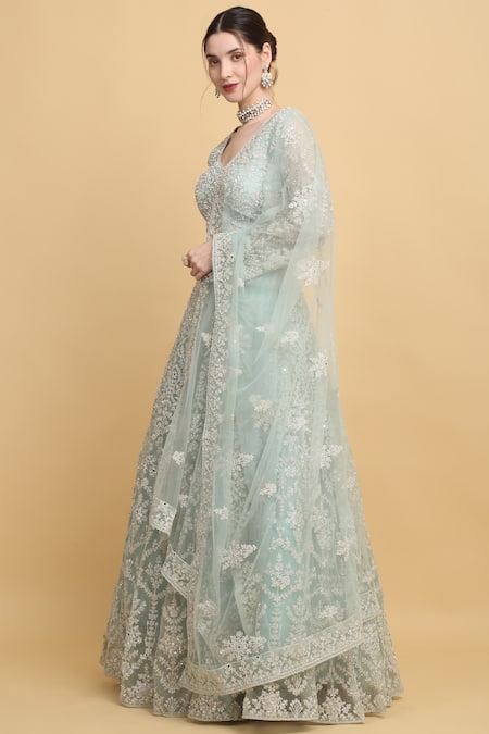 Aham-Vayam_Green Cotton, Organza Embroidery Asymmetric Suhana Floral Bridal Lehenga Set _Online_at_Aza_Fashions