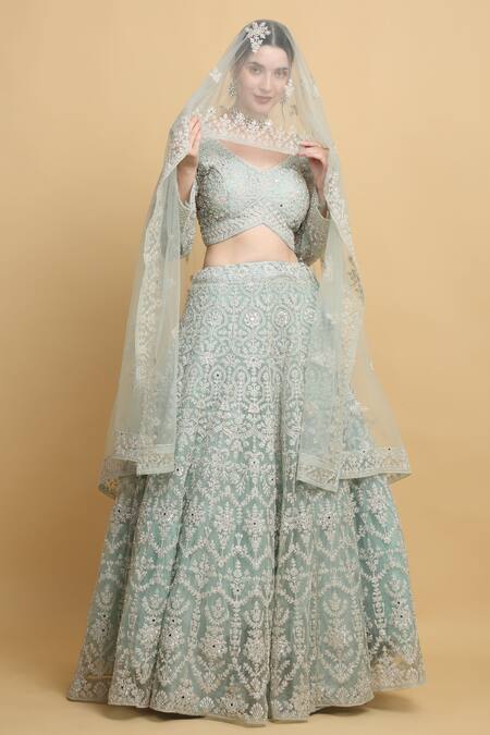 Buy_Aham-Vayam_Green Cotton, Organza Embroidery Asymmetric Suhana Floral Bridal Lehenga Set _Online_at_Aza_Fashions