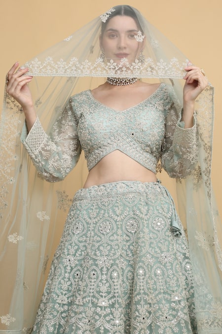 Shop_Aham-Vayam_Green Cotton, Organza Embroidery Asymmetric Suhana Floral Bridal Lehenga Set _Online_at_Aza_Fashions