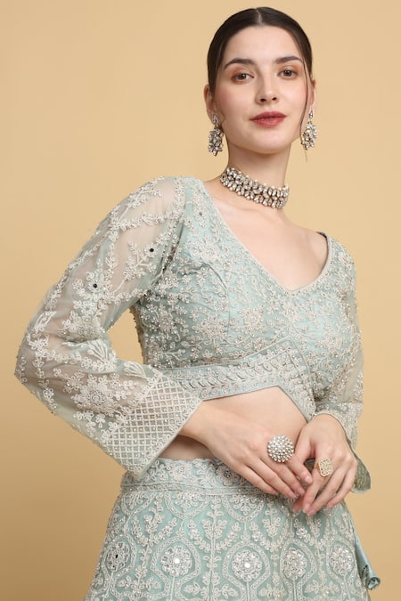 Aham-Vayam_Green Cotton, Organza Embroidery Asymmetric Suhana Floral Bridal Lehenga Set _at_Aza_Fashions