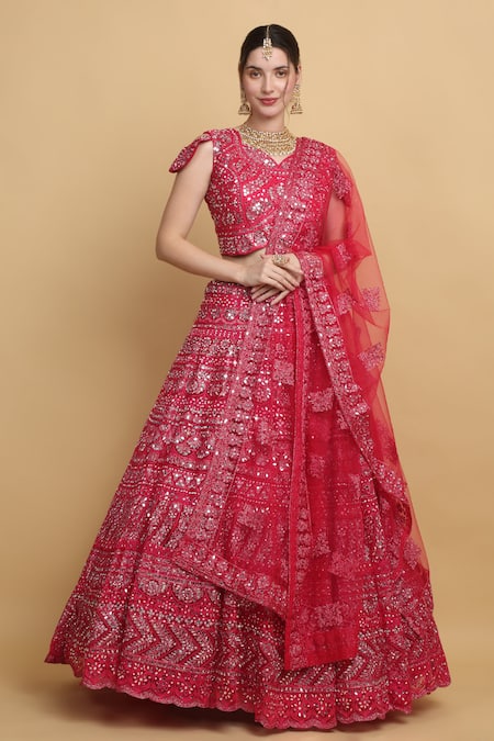 Aham-Vayam Red Net Embroidered Floral Sweetheart Divyaswarna Bridal Lehenga Set 