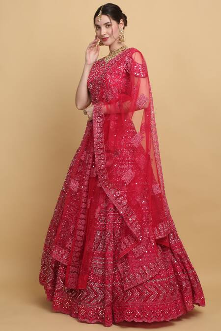 Aham-Vayam_Red Cotton, Organza, Georgette, Divyaswarna Embroidered Bridal Lehenga Set _Online_at_Aza_Fashions