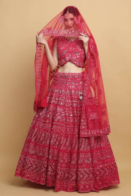 Buy_Aham-Vayam_Red Cotton, Organza, Georgette, Divyaswarna Embroidered Bridal Lehenga Set _Online_at_Aza_Fashions