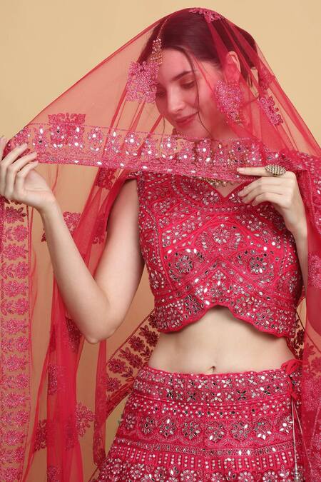 Shop_Aham-Vayam_Red Cotton, Organza, Georgette, Divyaswarna Embroidered Bridal Lehenga Set _Online_at_Aza_Fashions