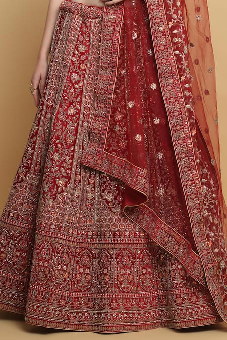 Aham-Vayam Red Cotton, Velvet, Organza Mirrors, Embroidery Shaheen Bridal Lehenga Set Online at Aza Fashions Aham-Vayam_Red Cotton, Velvet, Organza Mirrors, Embroidery Shaheen Bridal Lehenga Set _Online_at_Aza_Fashions