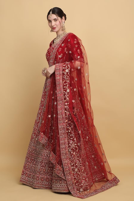 Buy_Aham-Vayam_Red Cotton, Velvet, Organza Mirrors, Embroidery Shaheen Bridal Lehenga Set _Online_at_Aza_Fashions