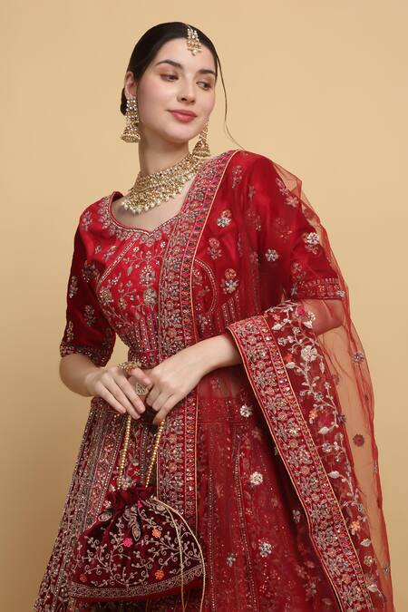 Shop_Aham-Vayam_Red Cotton, Velvet, Organza Mirrors, Embroidery Shaheen Bridal Lehenga Set _Online_at_Aza_Fashions
