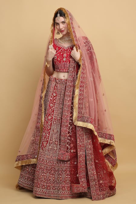 Aham-Vayam_Red Cotton, Velvet, Organza Mirrors, Embroidery Shaheen Bridal Lehenga Set _at_Aza_Fashions