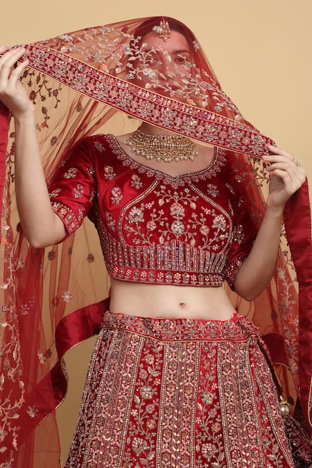 Buy_Aham-Vayam_Red Cotton, Velvet, Organza Mirrors, Embroidery Shaheen Bridal Lehenga Set 