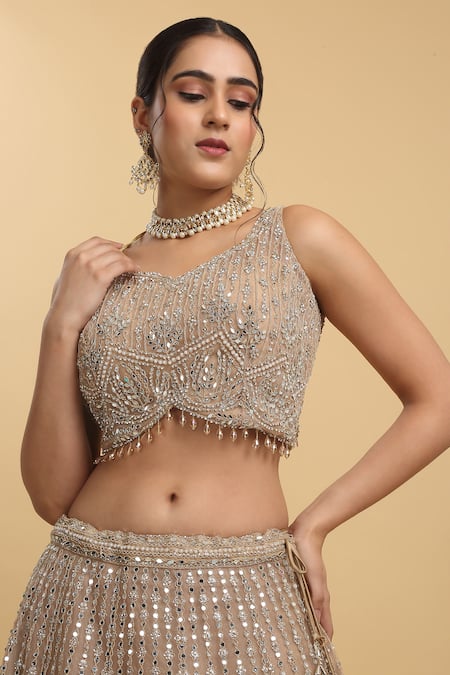 Aham-Vayam_Brown Cotton, Organza, Georgette, Satin Heer And Zari Embroidered Lehenga Set _Online_at_Aza_Fashions