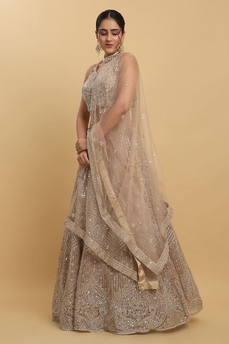 Buy_Aham-Vayam_Brown Cotton, Organza, Georgette, Satin Heer And Zari Embroidered Lehenga Set _Online_at_Aza_Fashions