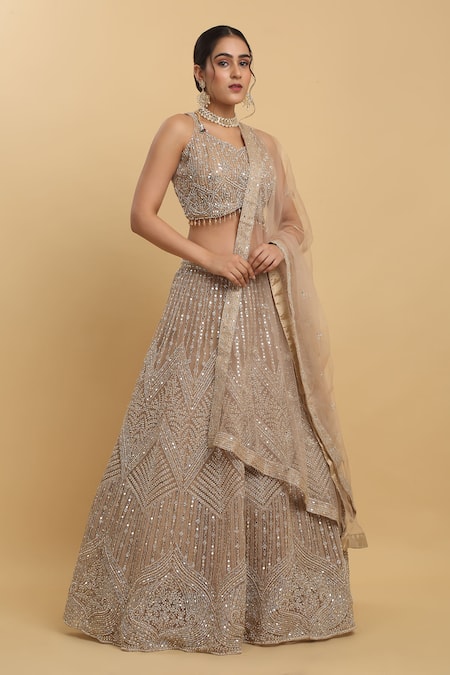 Shop_Aham-Vayam_Brown Cotton, Organza, Georgette, Satin Heer And Zari Embroidered Lehenga Set _Online_at_Aza_Fashions