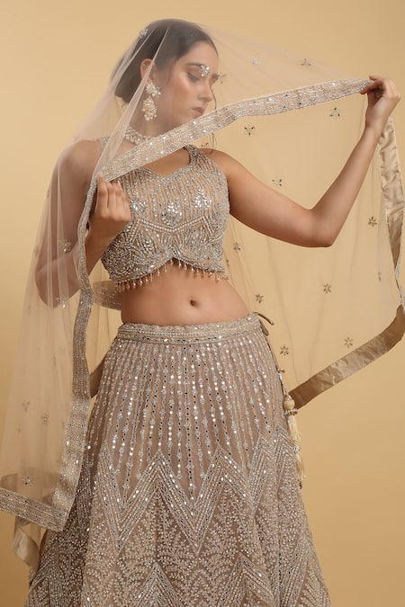 Aham-Vayam_Brown Cotton, Organza, Georgette, Satin Heer And Zari Embroidered Lehenga Set _at_Aza_Fashions