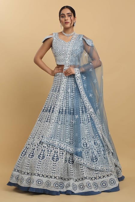 Aham-Vayam Blue Net Embroidered Mirror Leaf Neck Suhana Lehenga Set 