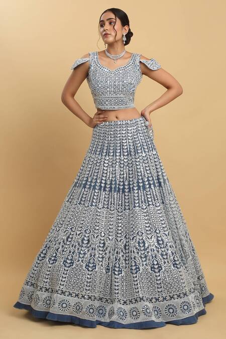 Aham-Vayam_Blue Cotton, Organza, Net, Georgette, Satin Suhana Leaf Embroidered Lehenga Set _Online_at_Aza_Fashions