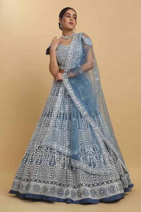 Shop_Aham-Vayam_Blue Cotton, Organza, Net, Georgette, Satin Suhana Leaf Embroidered Lehenga Set _Online_at_Aza_Fashions