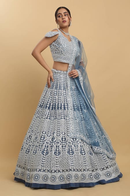 Aham-Vayam_Blue Cotton, Organza, Net, Georgette, Satin Suhana Leaf Embroidered Lehenga Set _at_Aza_Fashions