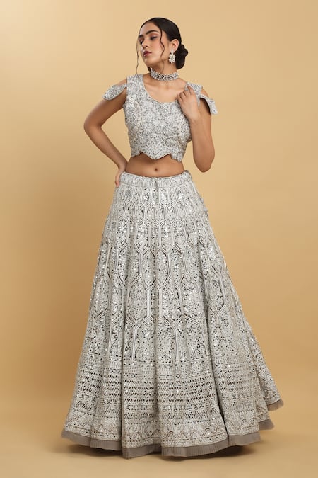 Buy_Aham-Vayam_Silver Cotton, Satin, Organza Mirrors, Chandra Kiran Embroidered Lehenga Set _Online_at_Aza_Fashions