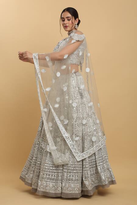 Shop_Aham-Vayam_Silver Cotton, Satin, Organza Mirrors, Chandra Kiran Embroidered Lehenga Set _Online_at_Aza_Fashions