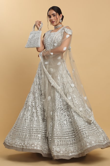 Aham-Vayam_Silver Cotton, Satin, Organza Mirrors, Chandra Kiran Embroidered Lehenga Set _at_Aza_Fashions