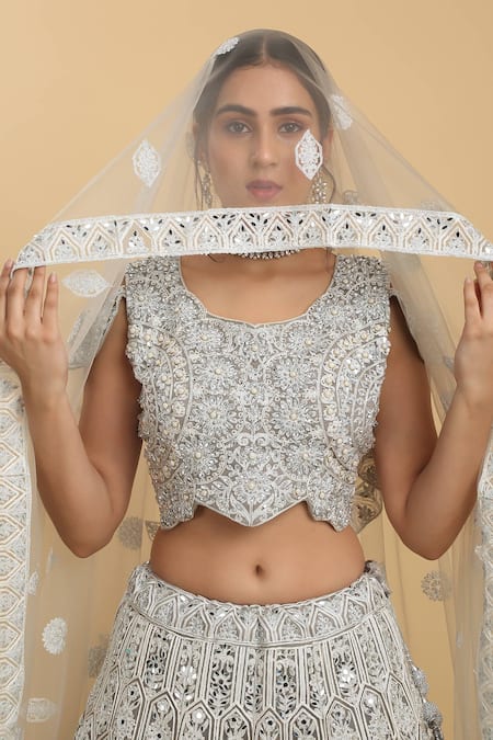 Buy_Aham-Vayam_Silver Cotton, Satin, Organza Mirrors, Chandra Kiran Embroidered Lehenga Set 