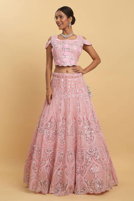 Aham-Vayam_Pink Cotton, Organza, Georgette, Net Mirrors, Embroidery, Eden Lehenga Set_Online_at_Aza_Fashions