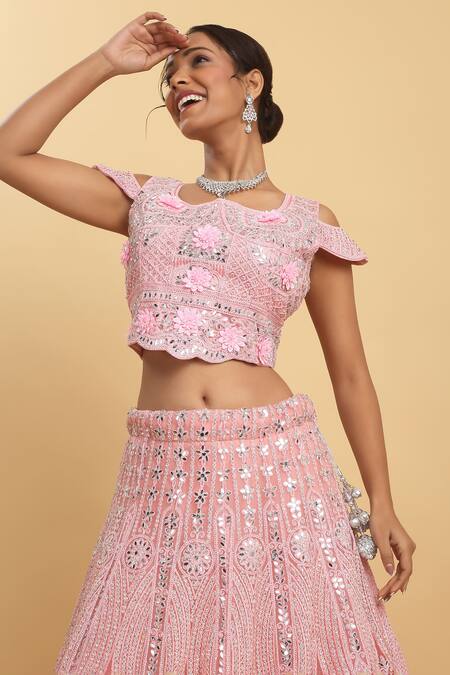 Buy_Aham-Vayam_Pink Cotton, Organza, Georgette, Net Mirrors, Embroidery, Eden Lehenga Set_Online_at_Aza_Fashions