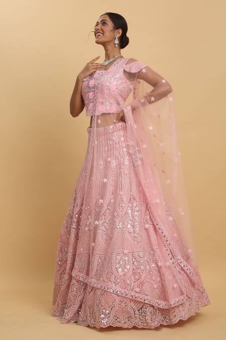 Shop_Aham-Vayam_Pink Cotton, Organza, Georgette, Net Mirrors, Embroidery, Eden Lehenga Set_Online_at_Aza_Fashions