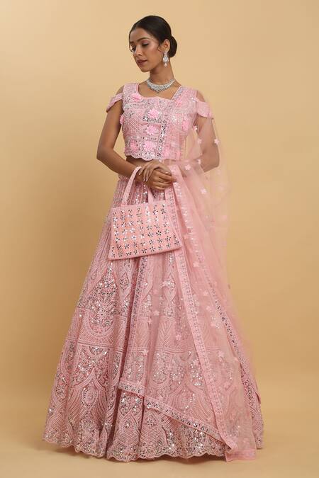 Aham-Vayam_Pink Cotton, Organza, Georgette, Net Mirrors, Embroidery, Eden Lehenga Set_at_Aza_Fashions