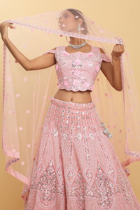 Buy_Aham-Vayam_Pink Cotton, Organza, Georgette, Net Mirrors, Embroidery, Eden Lehenga Set