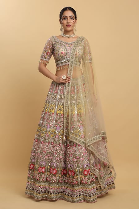 Aham-Vayam Gulposh Mirror & Thread Embroidered Bridal Lehenga Set 