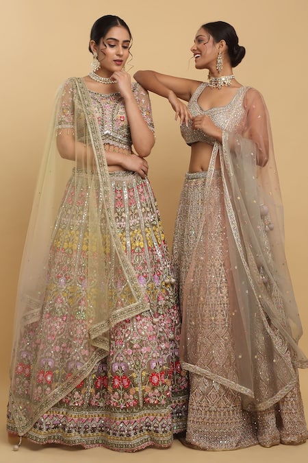 Aham-Vayam_Brown Cotton, Organza, Net, Gulposh And Thread Embroidered Bridal Lehenga Set _Online_at_Aza_Fashions