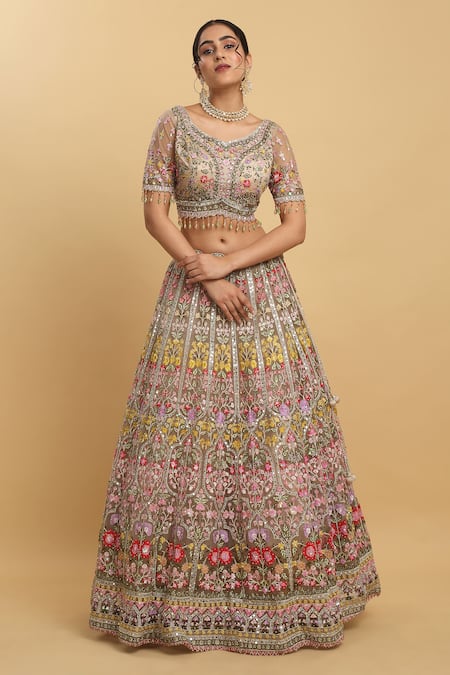 Buy_Aham-Vayam_Brown Cotton, Organza, Net, Gulposh And Thread Embroidered Bridal Lehenga Set _Online_at_Aza_Fashions